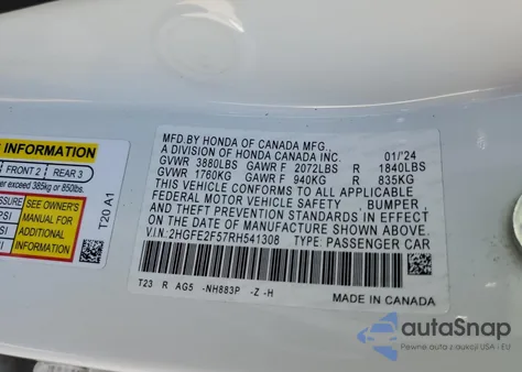 2024 Honda Civic Sport из США, поврежденный, VIN 2HGFE2F57RH541308